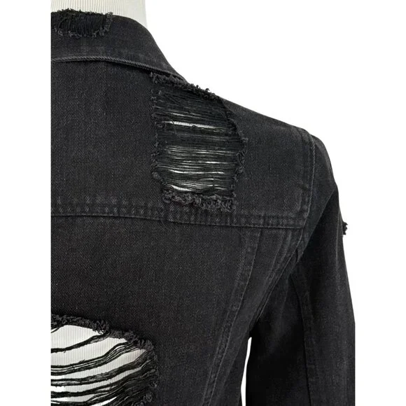 Cisono Black Distressed Button Front Jean Denim Jacket EMO Punk Steampunk Casual - Picture 2 of 10